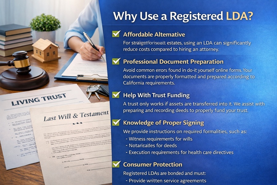 Benefits of using a Registered Legal Document Assistant in California for affordable and accurate estate planning